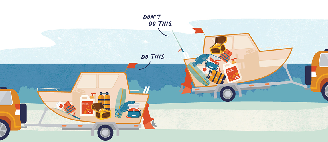 Do this: pack your boat so weight is evenly distributed across the axles; Don't do this: pack your boat so all the weight is at the back end