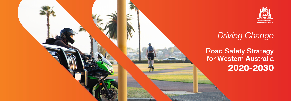 Banner for Driving Change New Road Safety Strategy with man on motorbike on road and a person on a bike.