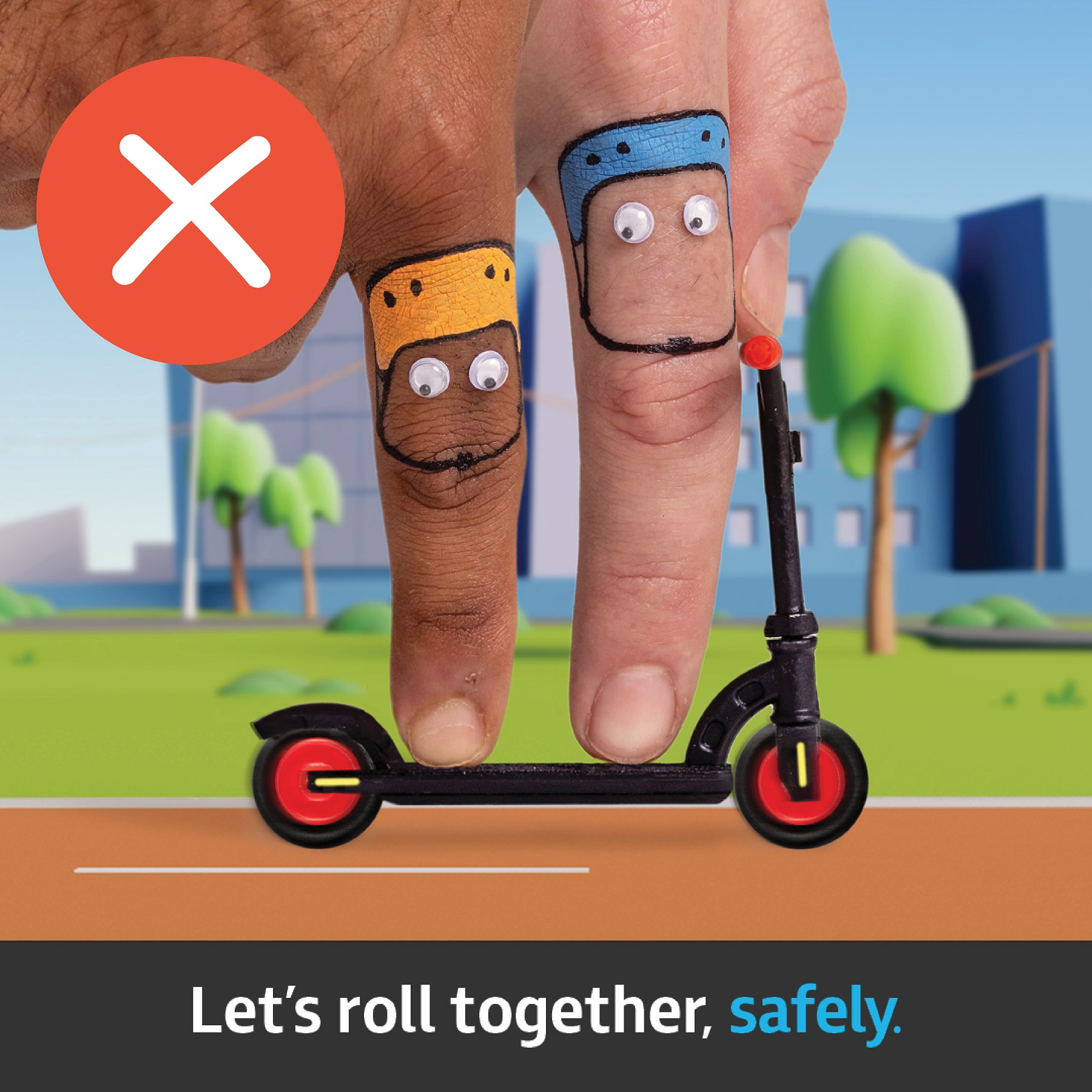Two people riding an eRideable, with a big red cross in the top corner. At the bottom text reads 'Let's roll together, safely'