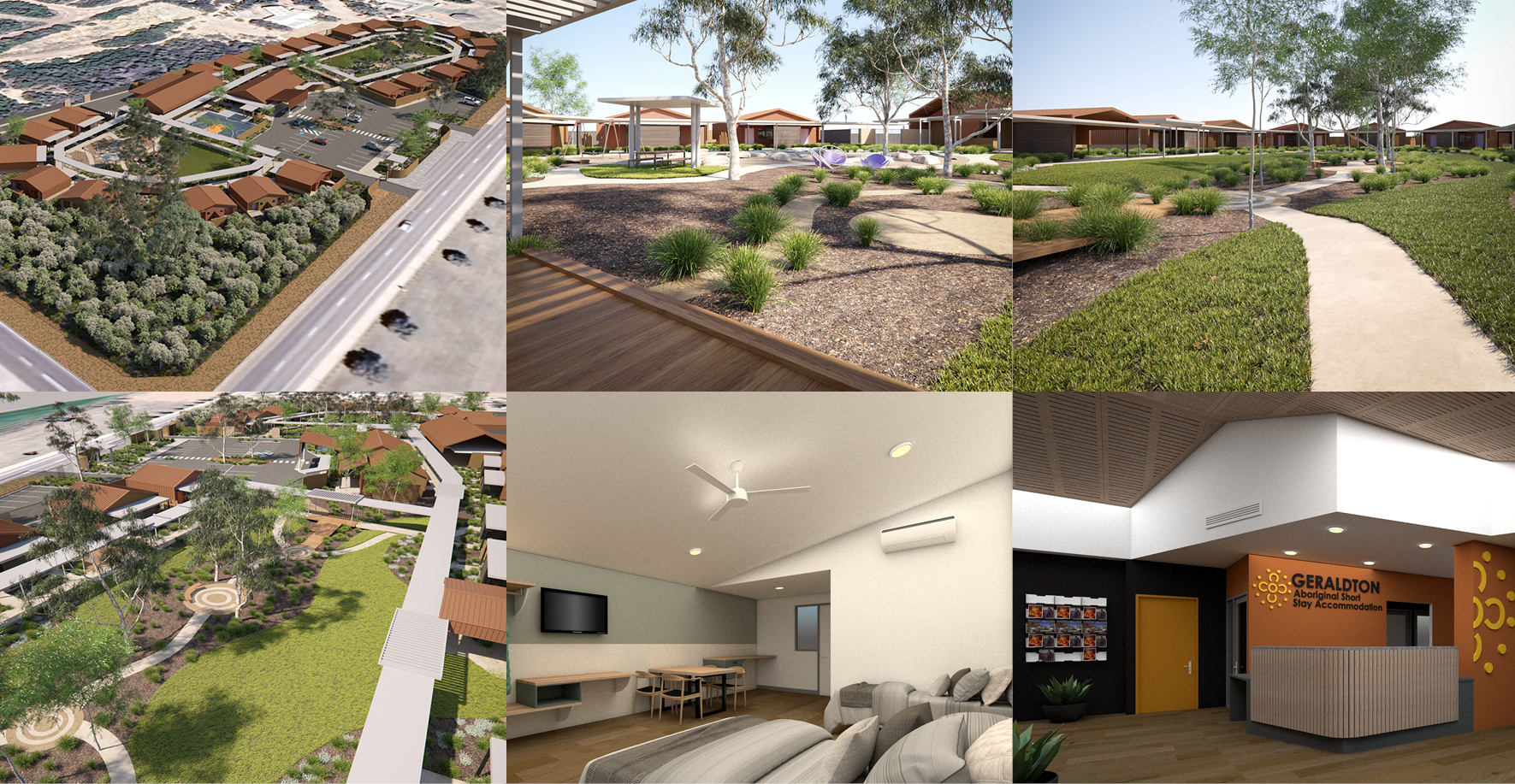 a collage of images which are artist impressions of the proposed Geraldton Short Stay accommodation. Includes arial view, bedroom, reception and gardens