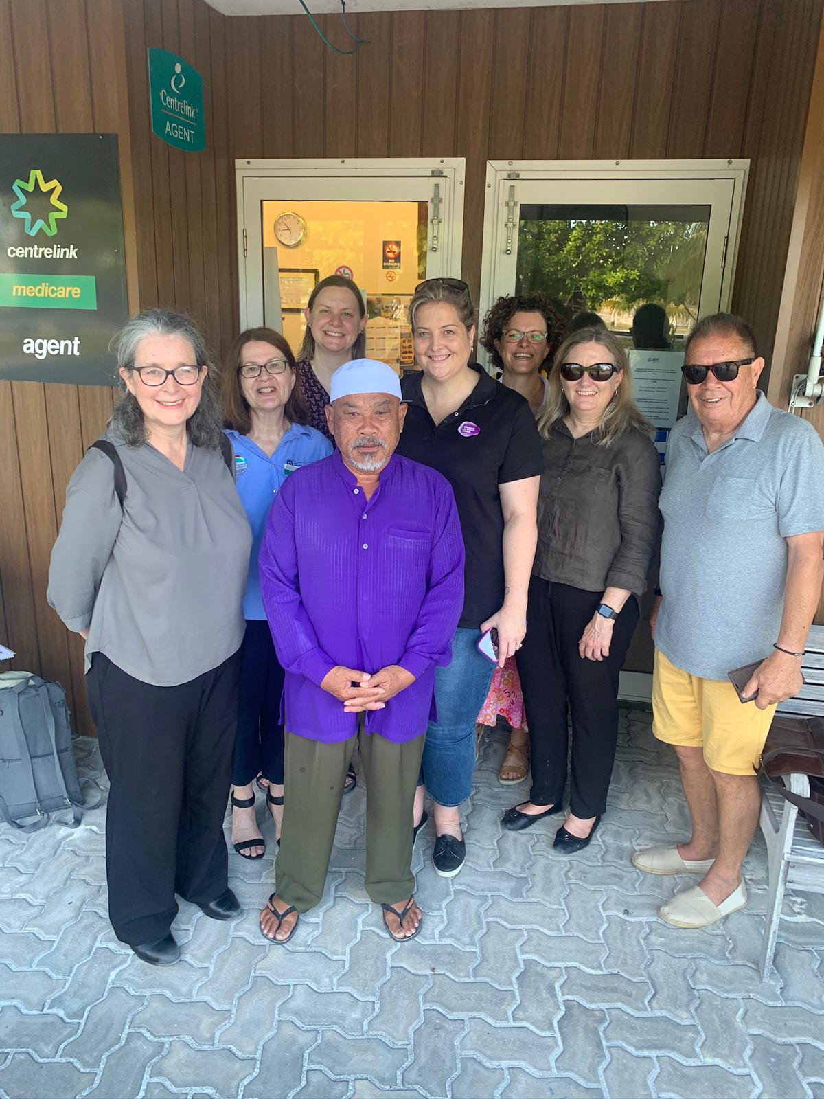 Jo Gibbs (Working with Children Screening Unit) with visiting Government Agency Officers from Equal Opportunity Commission, Office of the Information Commissioner, Health and Disability Support Complaints Office (HaDSCO), Department of Mines, Industry Regulation and Safety with Cocos Island’s community leader Haji Adams 