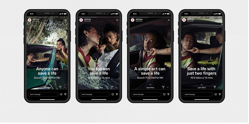 Four phones next to each other, each showing a different version of the 'Anyone can save a life' creative made for social media. Each image shows a person trying to help out in a road crash with the words 'anyone can save a life', 'You too can save a life', 'A simple act can save a life' or 'Save a life with two fingers' and a link to the online course created by St John.