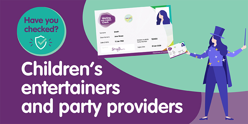A purple and turquoise banner with the text Children's entertainers and party providers, and an illustration of a magician.