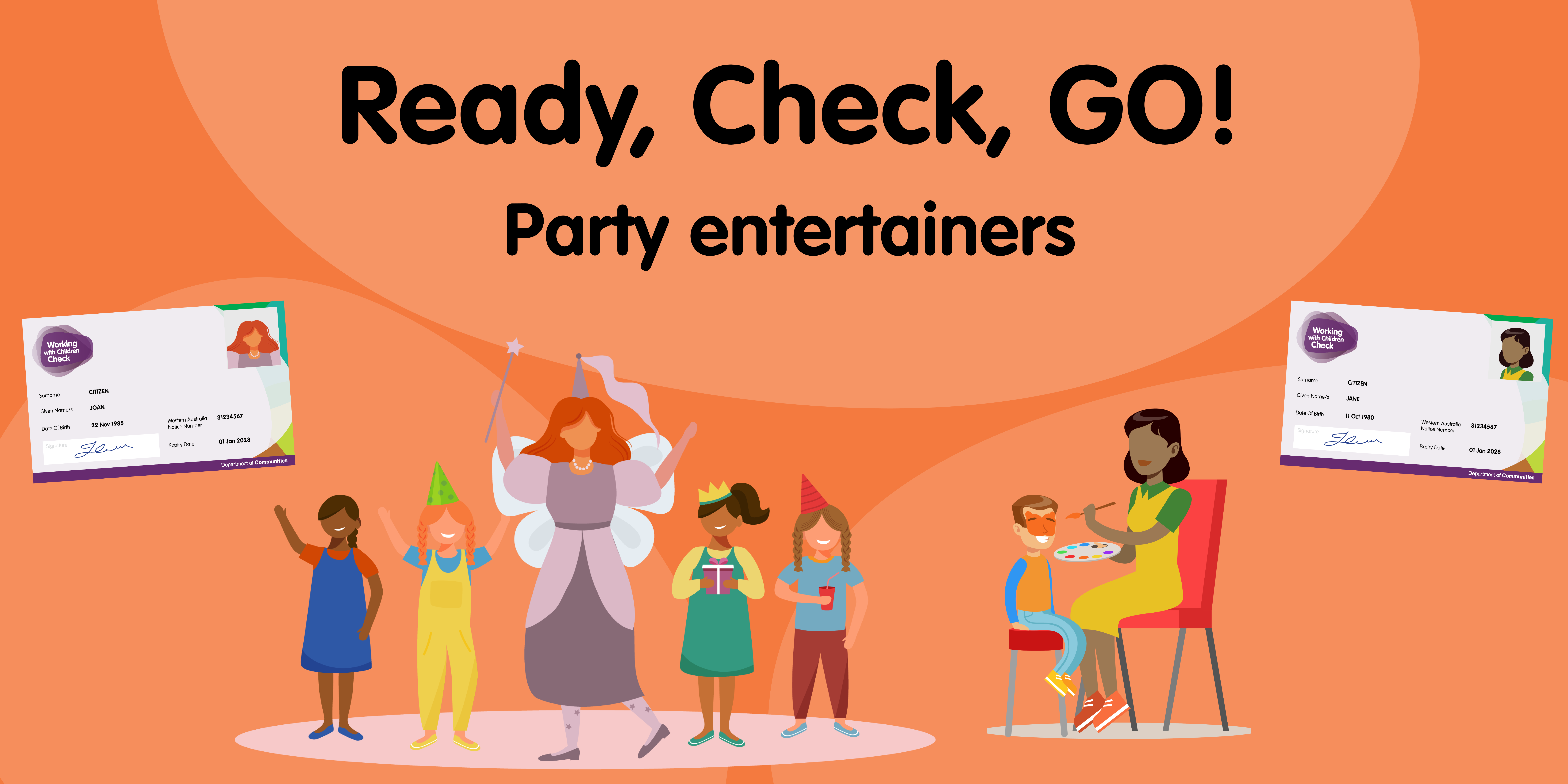 Image of a colourful graphic with the words Ready Check Go! Party entertainers