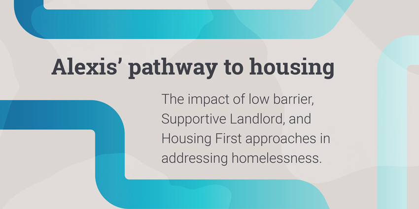 A graphic with the text "Alexis' pathway to housing. The impact of low barrier, Supportive Landlord, and Housing First approaches in addressing homelessness."
