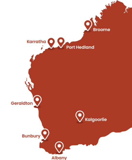 Red and white map of Western Australia with location marks for the seven cities.