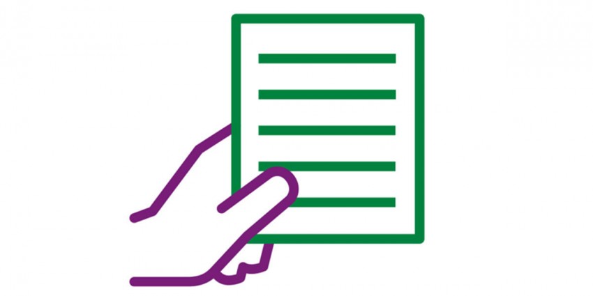 Graphic design of a hand holding a piece of paper.
