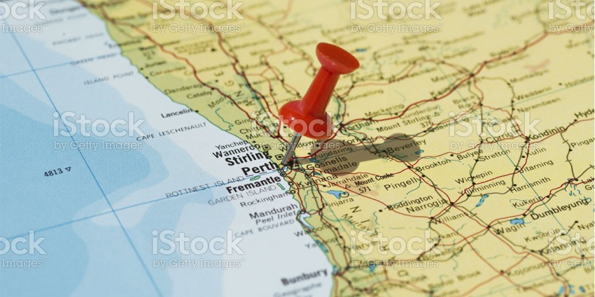 A map of the Perth region, with a drawing pin pointing to Perth city.