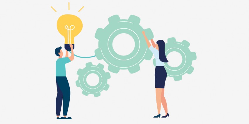 Graphic - people working with cogs and light bulb