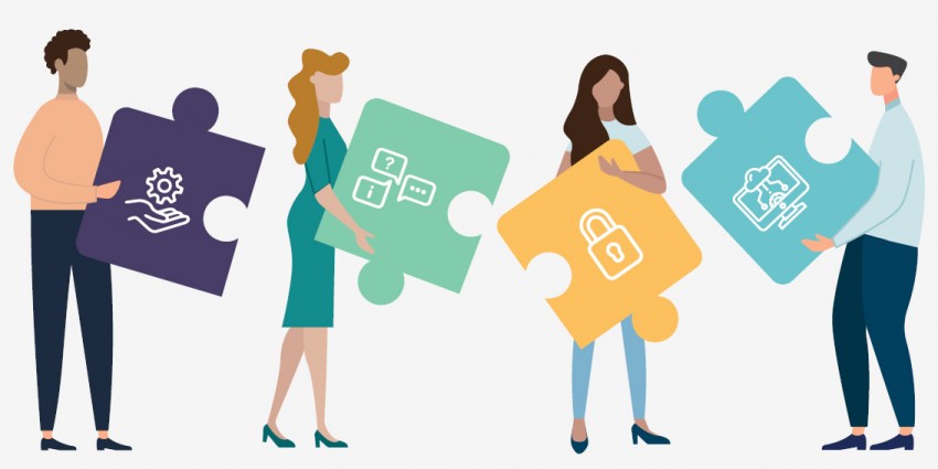Graphic people holding puzzles depicting digital strategy