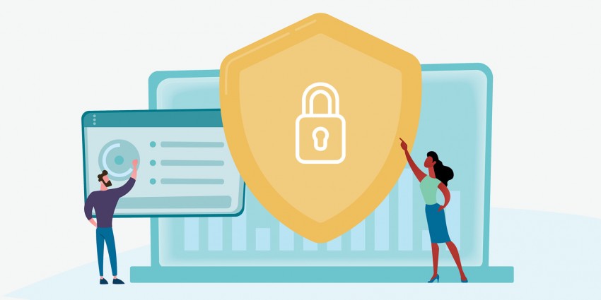 Infographic depicting computer and shield with lock
