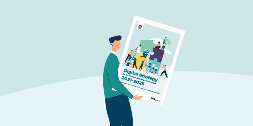 graphic - man holding oversized Digital Strategy document 