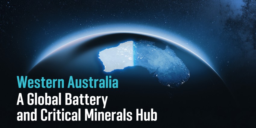 A globe that depicts Australia with the text Western Australia a Global Battery and Critical Minerals Hub
