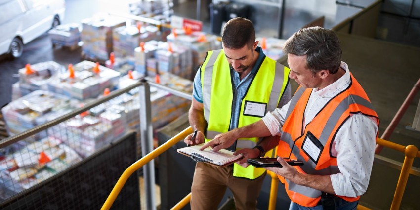 Two men performing stock inventory