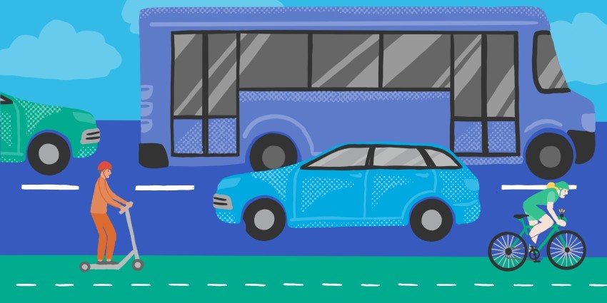a street scene with a bus, cars, and cyclists