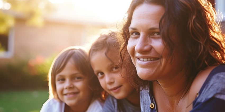 woman with two children, all smiling