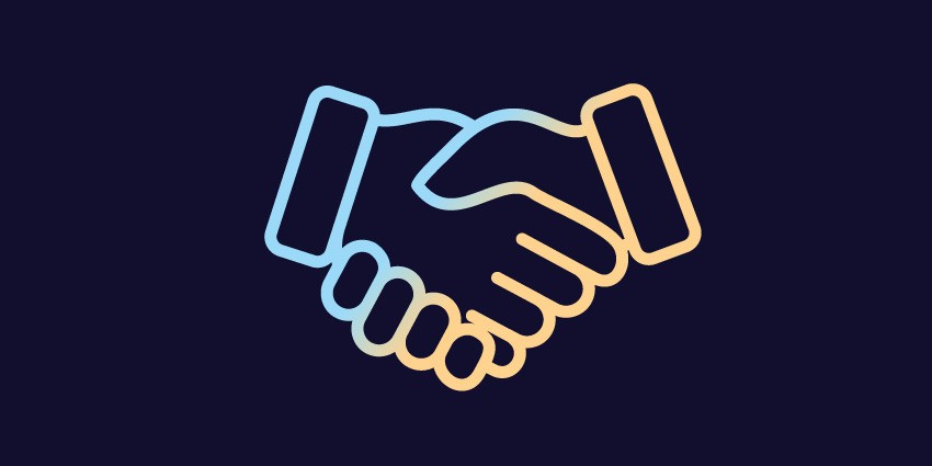 Outline of two hands shaking in blue and yellow against a navy background