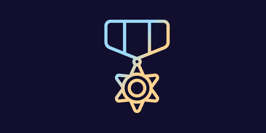 Outline of a medal in blue and yellow against a navy background