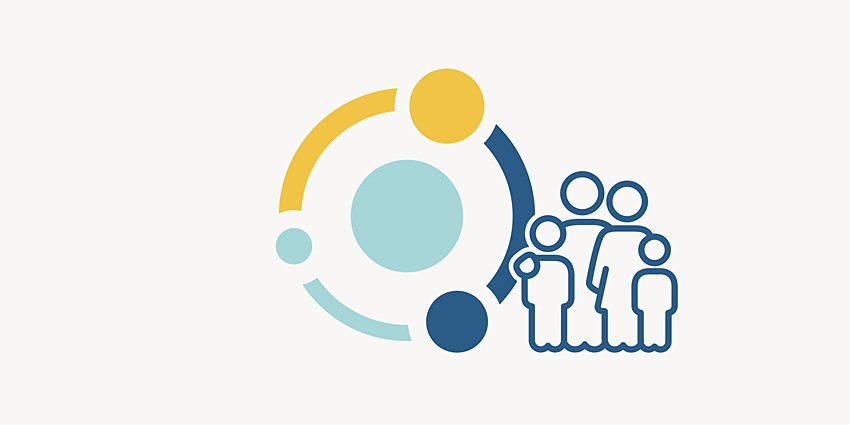 Graphical image of a family and a symbol representing a hub or model