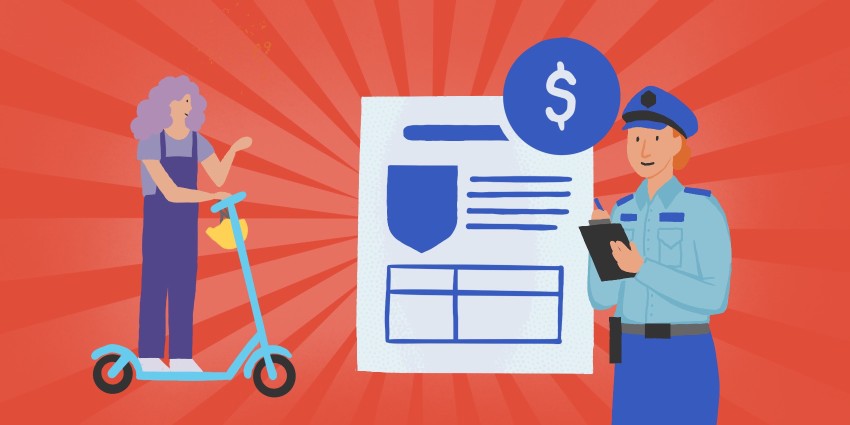 a person on a scooter with a police officer and a checklist, with a red background