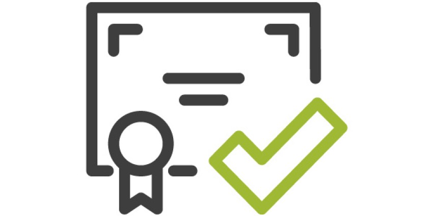 black rectangle with two lines featured in the centre and a green tick in the bottom right corner 