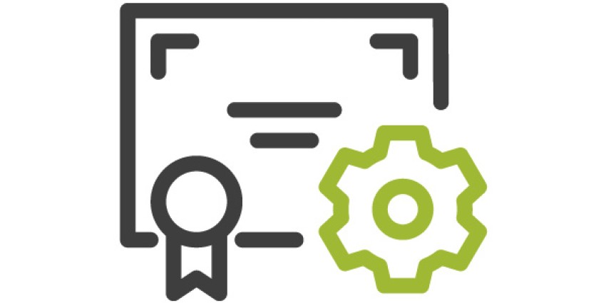 black rectangle with two lines featured in the centre and a green cog wheel 