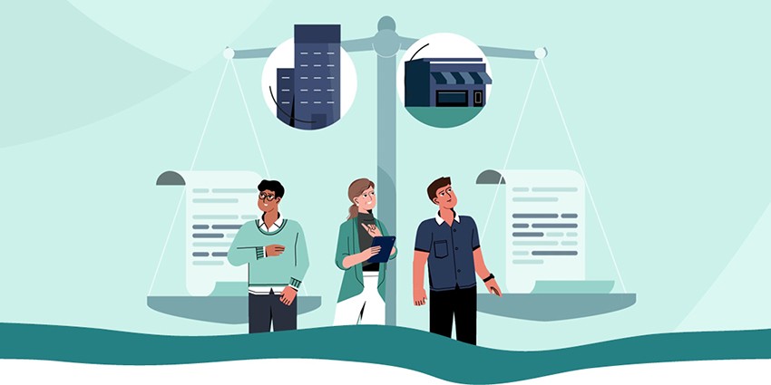 An animated graphic of three people looking up at scales