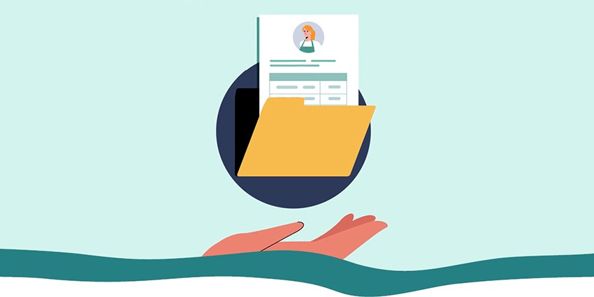 An animated graphic of a file with an employment record in it