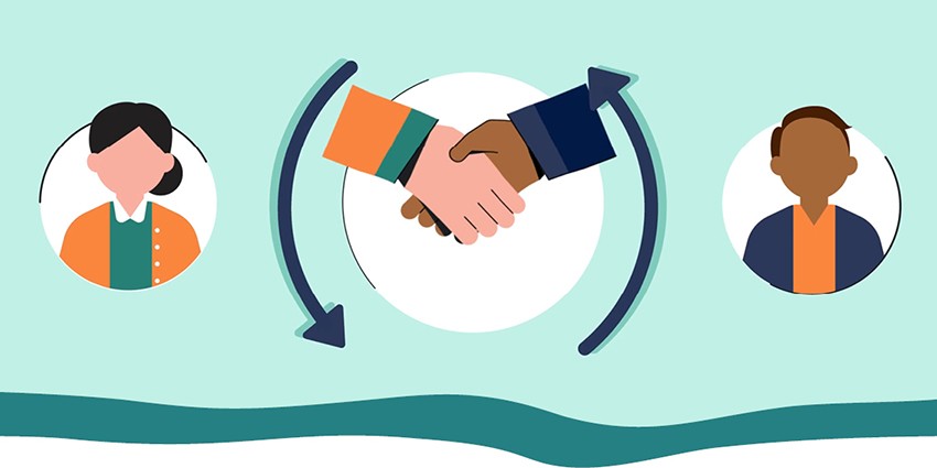 An animated graphic of two people shaking hands