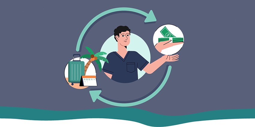 An animated person with a cash and suitcase icon