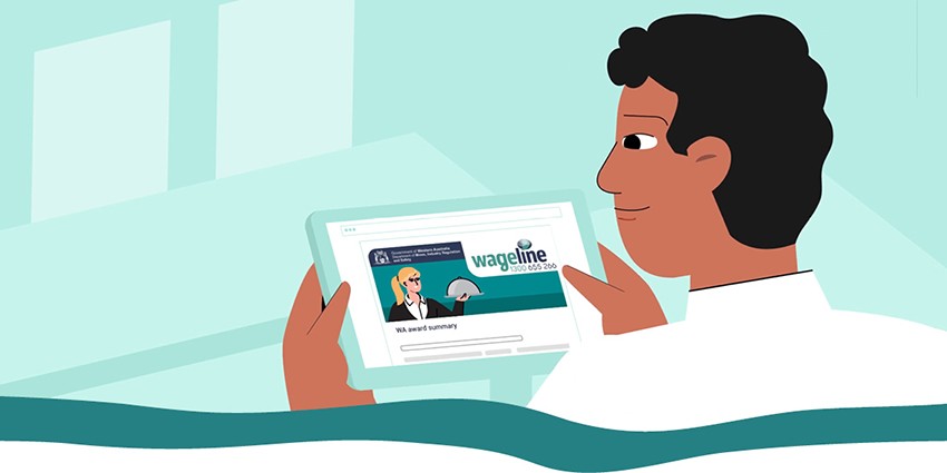 An animated graphic of a person looking at the wageline website on a tablet