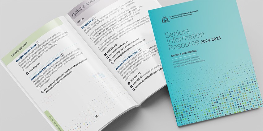Front cover and open pages of the Seniors Information Resource booklet