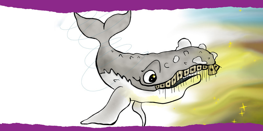 Colourful hand-drawn illustration of Wonky the Whale
