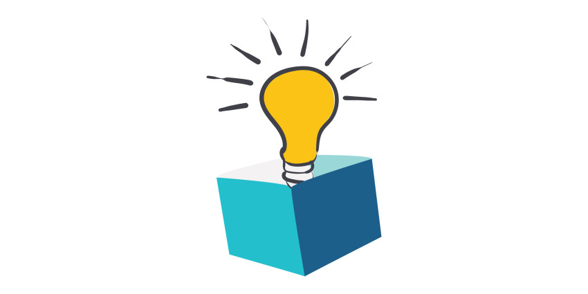 An image of a colourful icon featuring a a stack of physical resources and a lit light bulb
