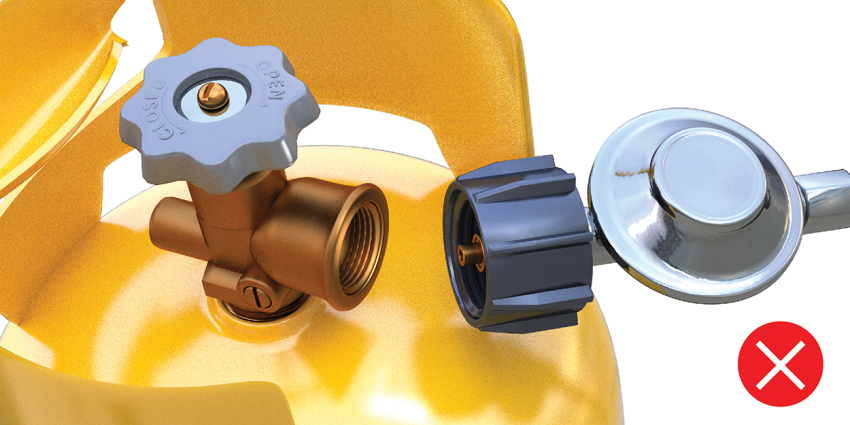 Incompatible connection – POL cylinder valve to LCC appliance connection. BBQ Safe WA.